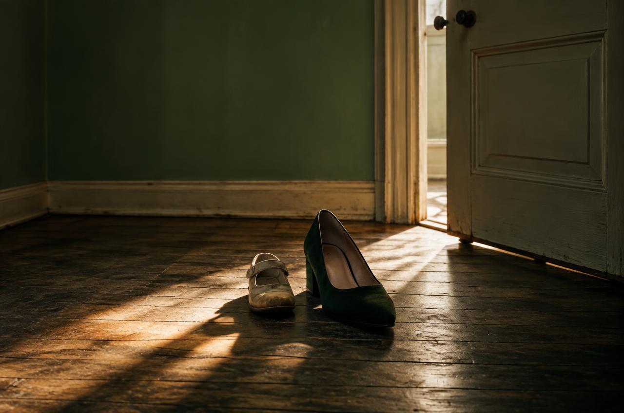 Un zapato infantil y un zapato de mujer juntos junto a una puerta entreabierta